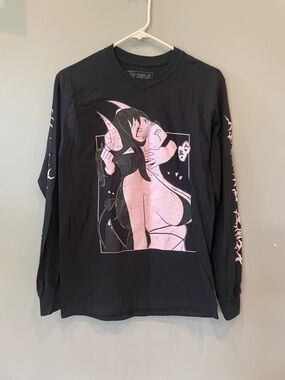 Black Graphic Long Sleeve Tee with Pink Anime Illustration lewd complex small